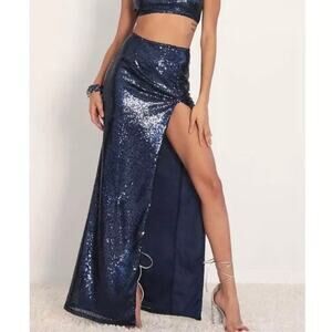Lucy In The Sky Gala Sequin Navy High Slit Maxi Skirt